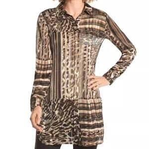 Chico's Aviana Brown Animal Print Semi Sheer Striped Button Down Tunic Top